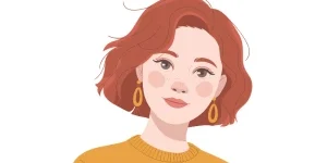 Illustrated portrait of a woman with short red hair, wearing gold earrings and an orange sweater, representing an Access Technology Specialist.