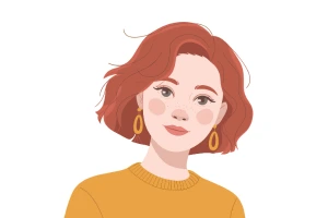 Illustrated portrait of a woman with short red hair, wearing gold earrings and an orange sweater, representing an Access Technology Specialist.